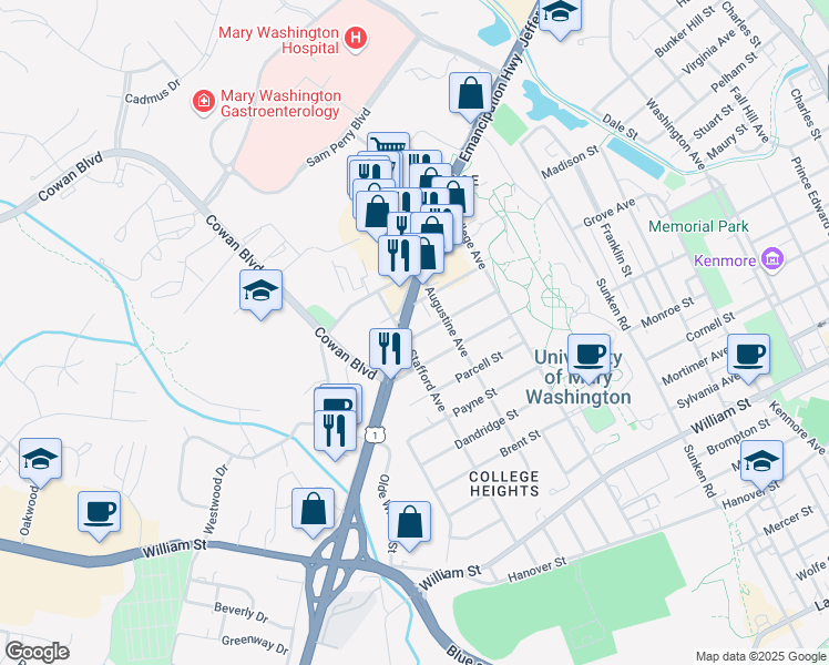 map of restaurants, bars, coffee shops, grocery stores, and more near 1320 Jefferson Davis Highway in Fredericksburg