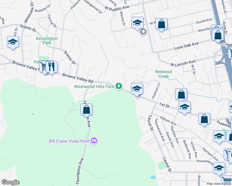 map of restaurants, bars, coffee shops, grocery stores, and more near 3107 Browns Valley Road in Napa