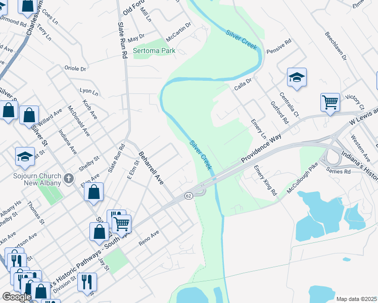 map of restaurants, bars, coffee shops, grocery stores, and more near 440 Virginia Avenue in New Albany