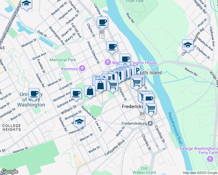 map of restaurants, bars, coffee shops, grocery stores, and more near 501 William Street in Fredericksburg