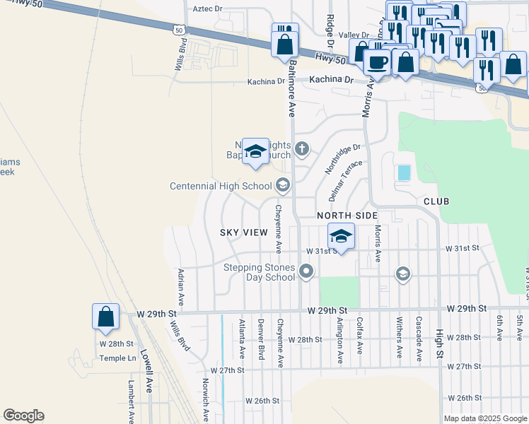 map of restaurants, bars, coffee shops, grocery stores, and more near 3200 Denver Boulevard in Pueblo
