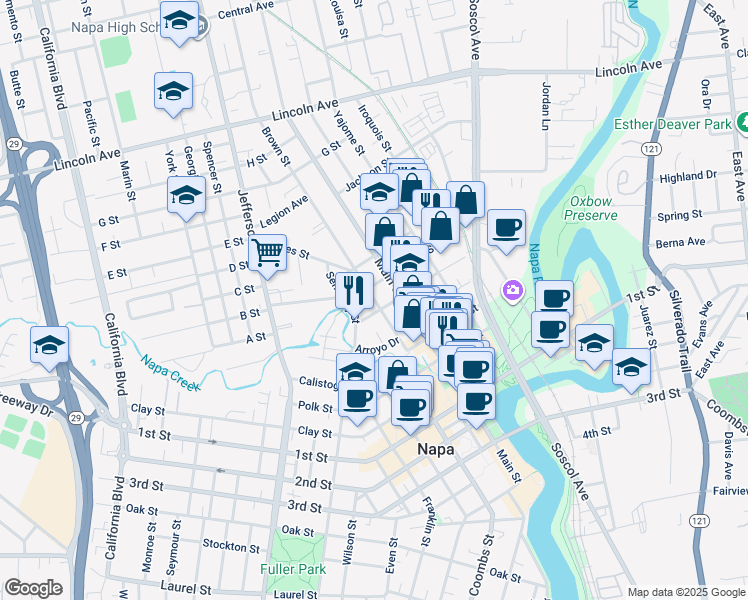 map of restaurants, bars, coffee shops, grocery stores, and more near 1523 Brown Street in Napa