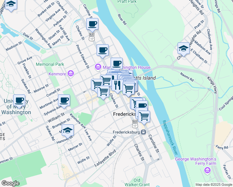 map of restaurants, bars, coffee shops, grocery stores, and more near in Fredericksburg
