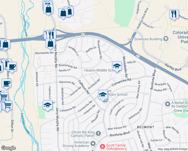 map of restaurants, bars, coffee shops, grocery stores, and more near 150 Martha Lane in Pueblo