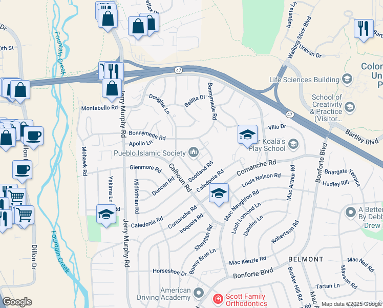 map of restaurants, bars, coffee shops, grocery stores, and more near 150 Martha Lane in Pueblo