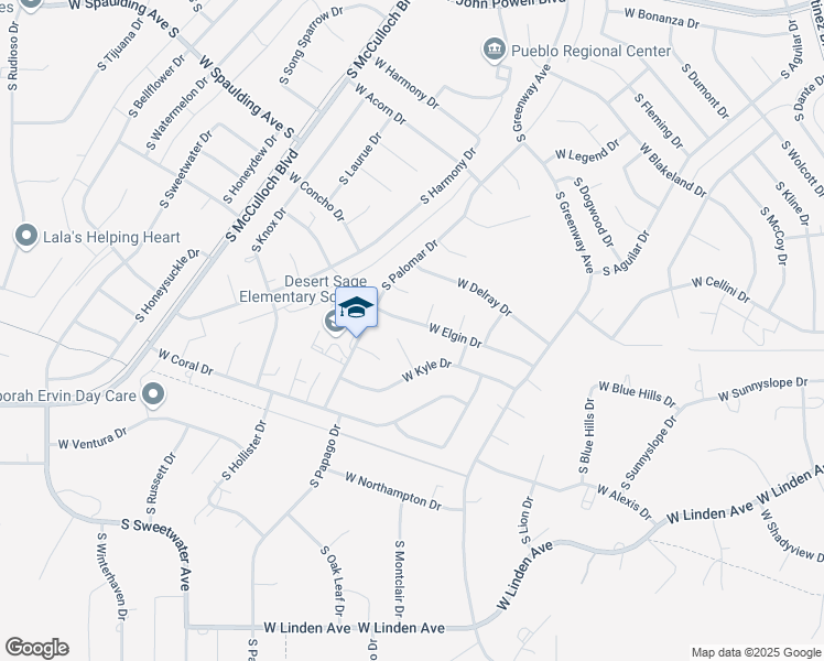 map of restaurants, bars, coffee shops, grocery stores, and more near 921 South Elgin Place in Pueblo West