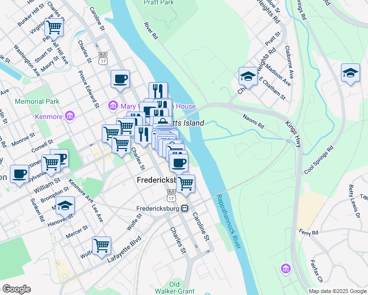 map of restaurants, bars, coffee shops, grocery stores, and more near 803 Sophia Street in Fredericksburg