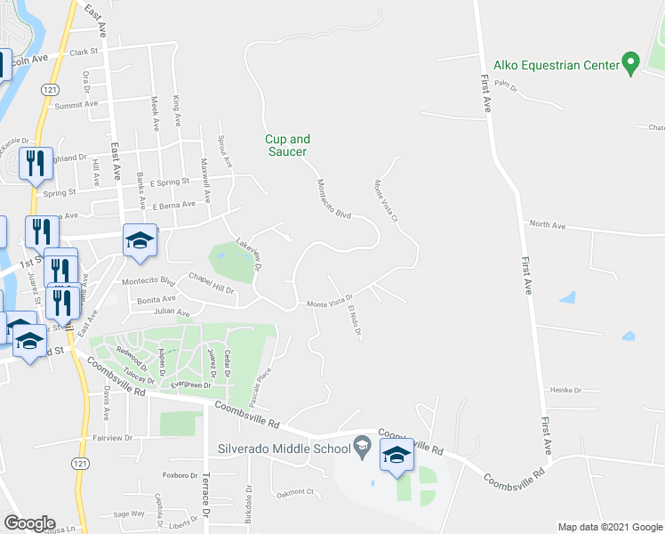 map of restaurants, bars, coffee shops, grocery stores, and more near 75 El Cortez Drive in Napa