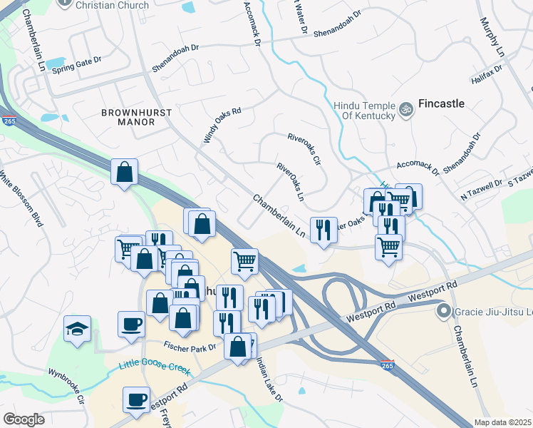 map of restaurants, bars, coffee shops, grocery stores, and more near 3702 Chamberlain Court in Louisville