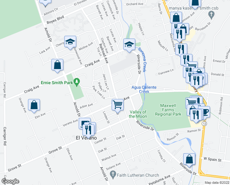 map of restaurants, bars, coffee shops, grocery stores, and more near Railroad Avenue & Arbor Avenue in Sonoma