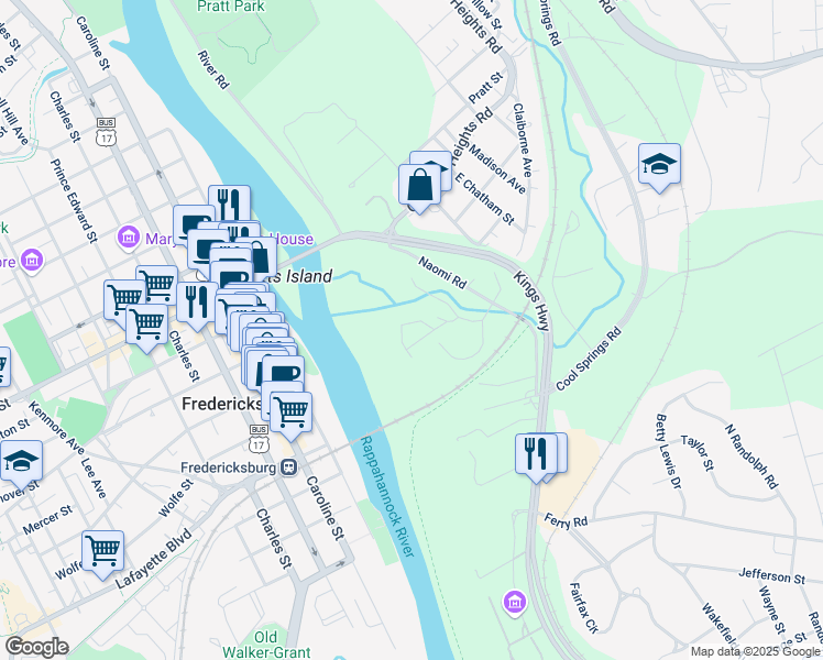 map of restaurants, bars, coffee shops, grocery stores, and more near 810 Shaw Court in Fredericksburg