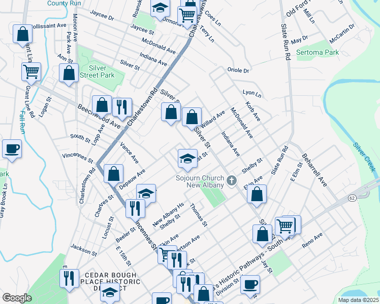 map of restaurants, bars, coffee shops, grocery stores, and more near 2012 Aebersold Court in New Albany