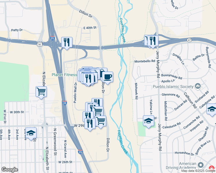 map of restaurants, bars, coffee shops, grocery stores, and more near 3300 Dillon Drive in Pueblo