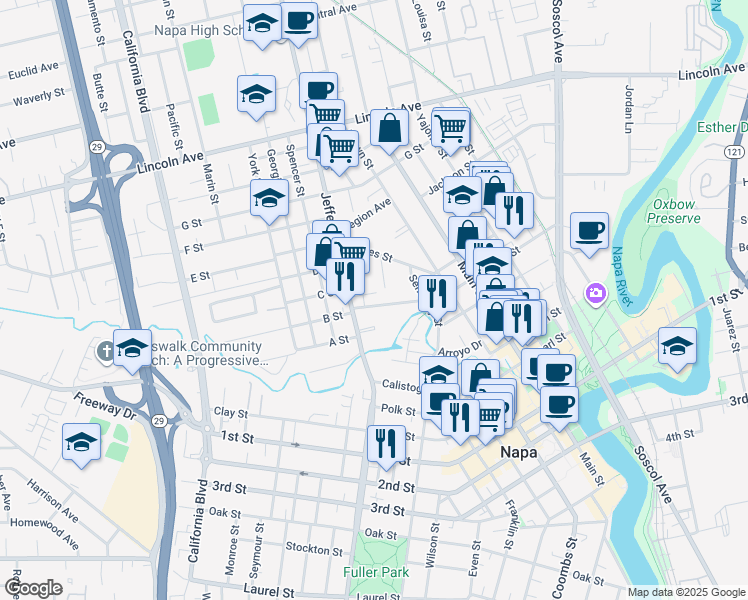 map of restaurants, bars, coffee shops, grocery stores, and more near 1268 Eggleston Street in Napa