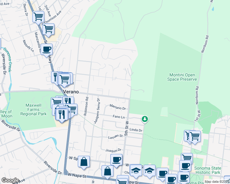 map of restaurants, bars, coffee shops, grocery stores, and more near 610 Verano Avenue in Sonoma