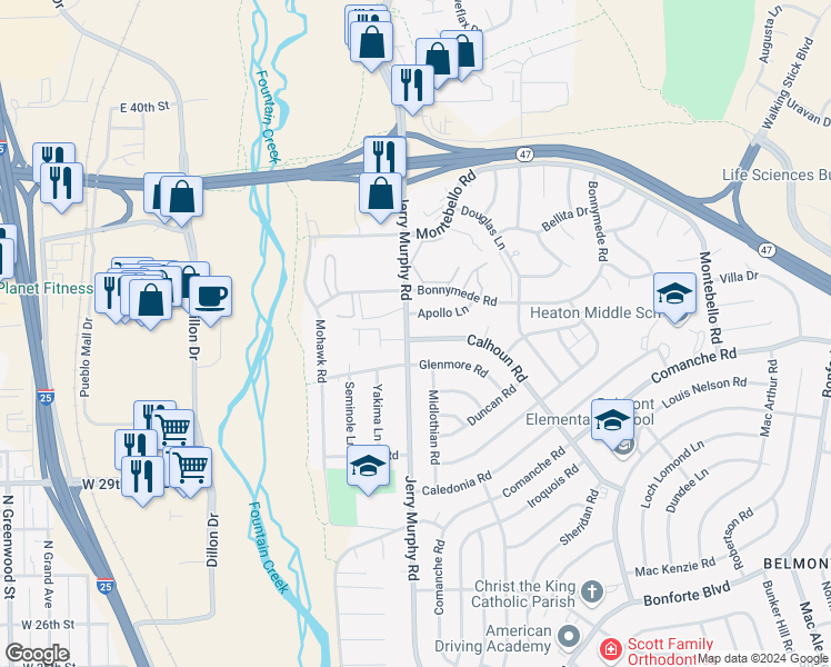 map of restaurants, bars, coffee shops, grocery stores, and more near 27 Calhoun Road in Pueblo
