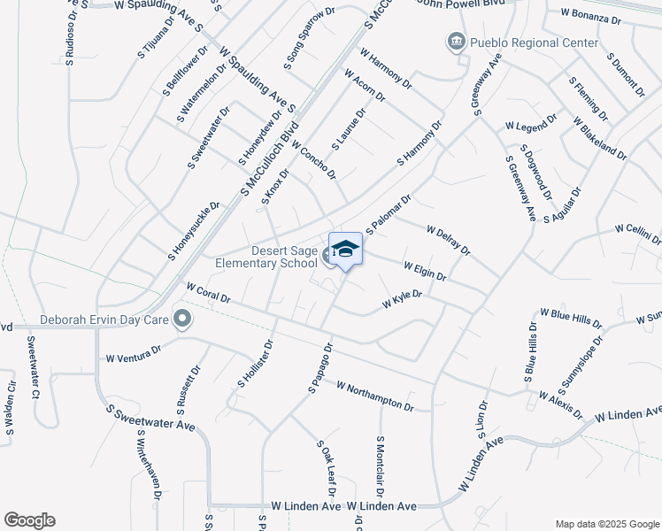 map of restaurants, bars, coffee shops, grocery stores, and more near 935 South Palomar Drive in Pueblo West