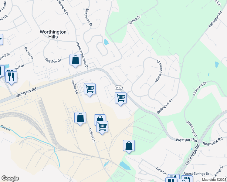 map of restaurants, bars, coffee shops, grocery stores, and more near 12540 Westport Road in Louisville