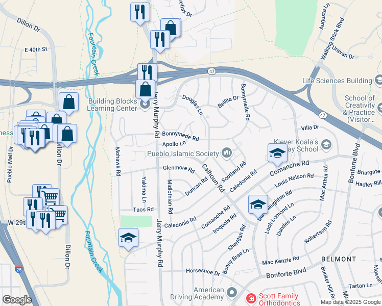 map of restaurants, bars, coffee shops, grocery stores, and more near 49 Calhoun Road in Pueblo