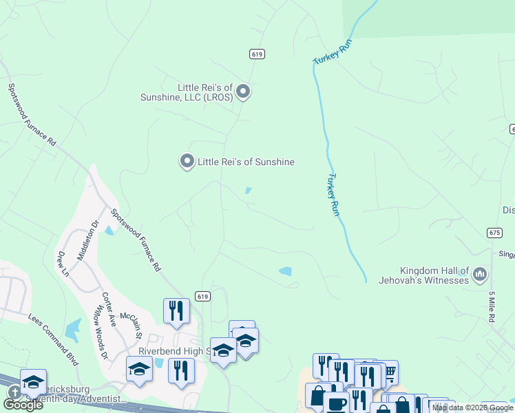map of restaurants, bars, coffee shops, grocery stores, and more near 12605 Mill Road in Fredericksburg