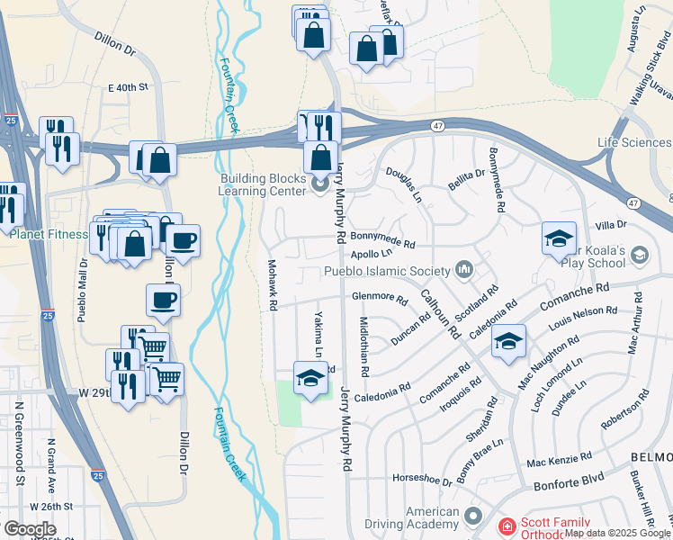 map of restaurants, bars, coffee shops, grocery stores, and more near 27 Calhoun Road in Pueblo