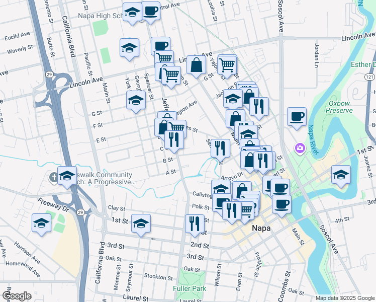 map of restaurants, bars, coffee shops, grocery stores, and more near 1268 Eggleston Street in Napa