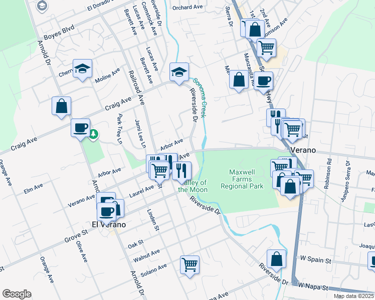 map of restaurants, bars, coffee shops, grocery stores, and more near 365 West Verano Avenue in Sonoma