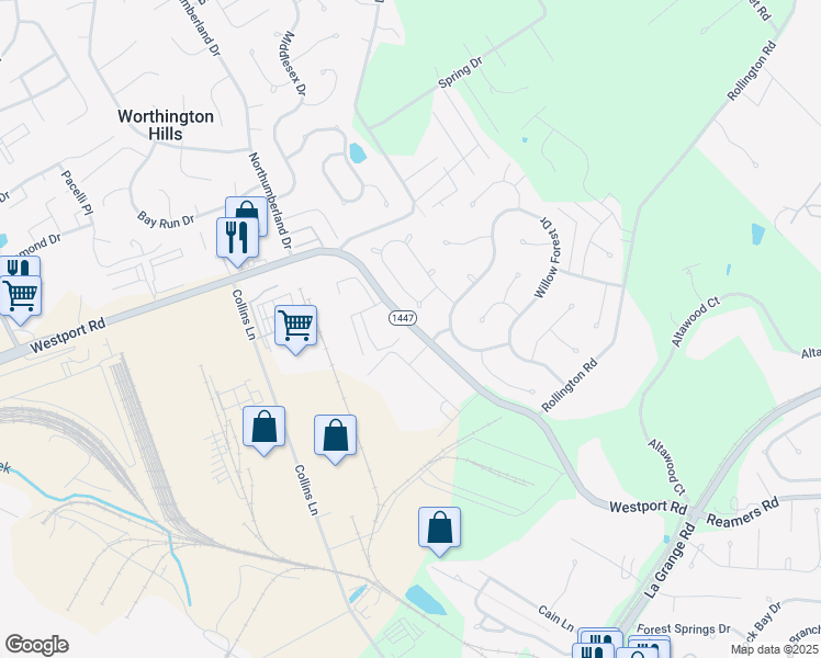 map of restaurants, bars, coffee shops, grocery stores, and more near 12540 Westport Road in Louisville