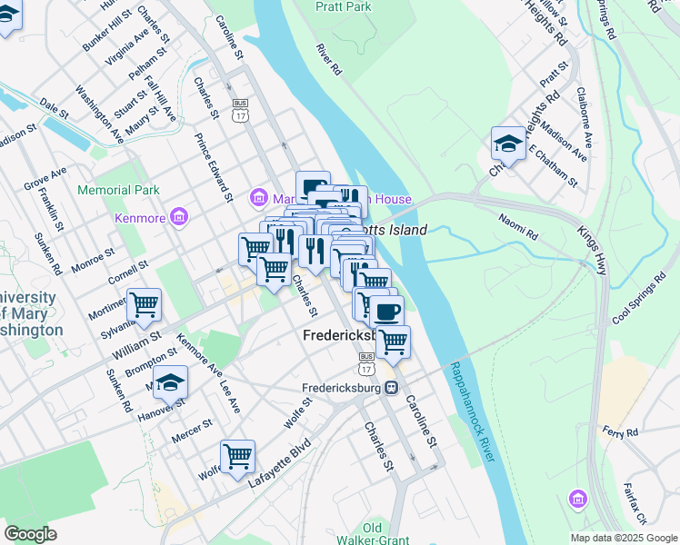map of restaurants, bars, coffee shops, grocery stores, and more near 900 Caroline Street in Fredericksburg