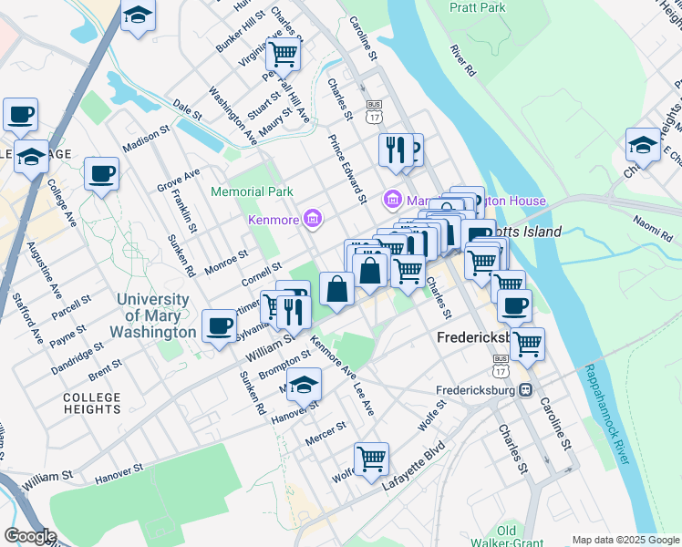 map of restaurants, bars, coffee shops, grocery stores, and more near 703 Amelia Street in Fredericksburg