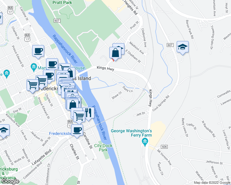 map of restaurants, bars, coffee shops, grocery stores, and more near 1004 Shaw Court in Fredericksburg