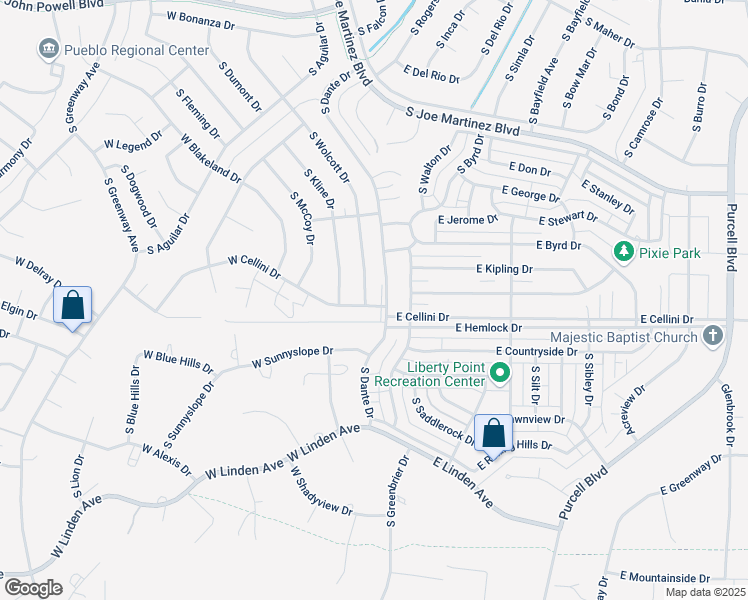 map of restaurants, bars, coffee shops, grocery stores, and more near 6 East Cellini Drive in Pueblo West