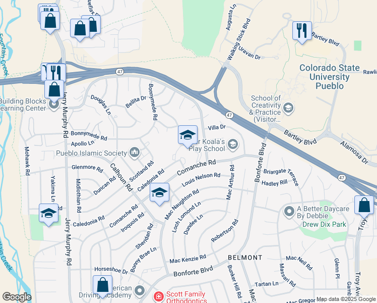 map of restaurants, bars, coffee shops, grocery stores, and more near 6 Adair Road in Pueblo