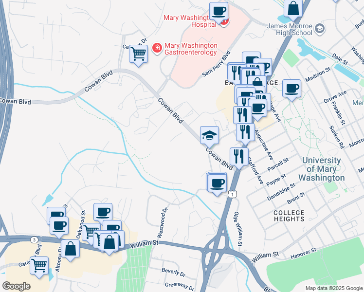 map of restaurants, bars, coffee shops, grocery stores, and more near 2100 Cowan Boulevard in Fredericksburg