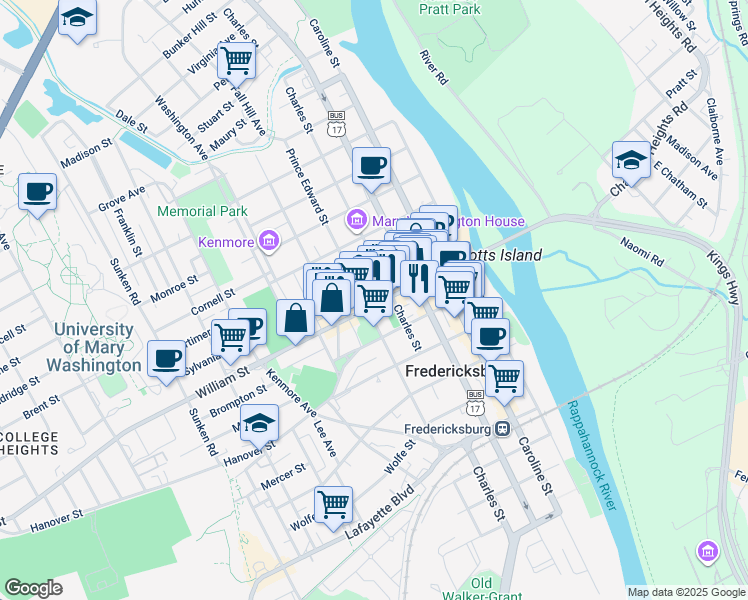map of restaurants, bars, coffee shops, grocery stores, and more near 417 William Street in Fredericksburg