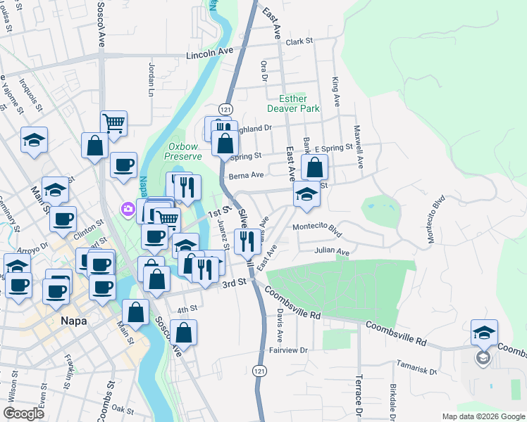 map of restaurants, bars, coffee shops, grocery stores, and more near 1115 Willow Avenue in Napa