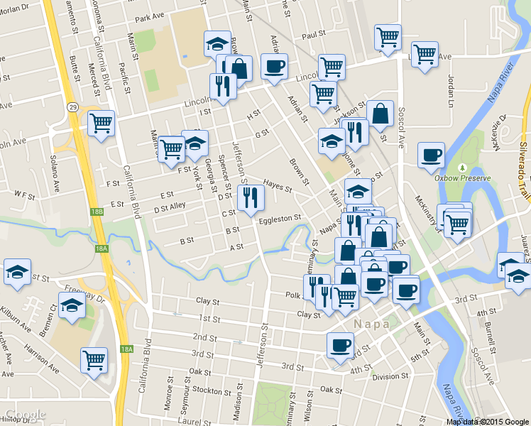 map of restaurants, bars, coffee shops, grocery stores, and more near 1268 Eggleston Street in Napa