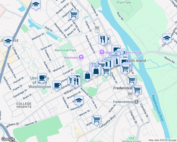 map of restaurants, bars, coffee shops, grocery stores, and more near 703 Amelia Street in Fredericksburg