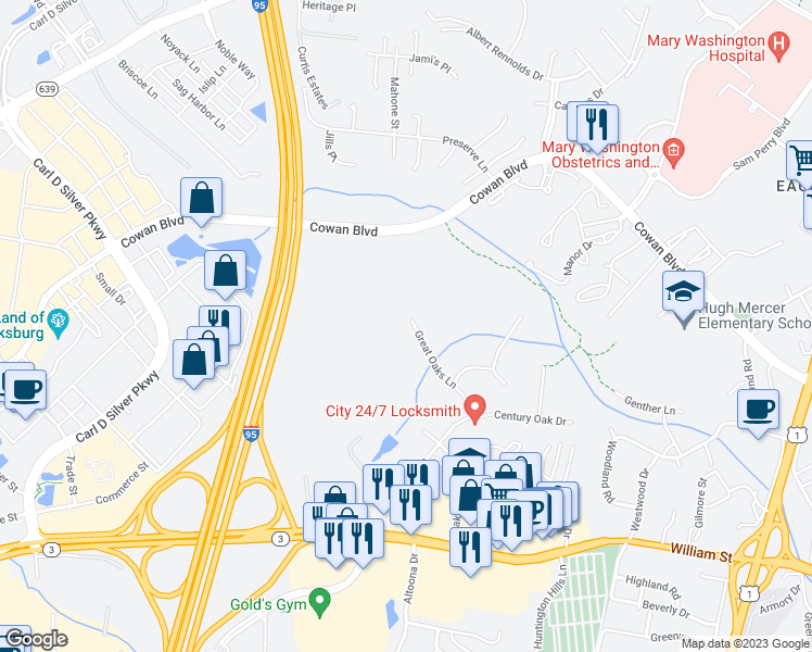 map of restaurants, bars, coffee shops, grocery stores, and more near 1117 Great Oaks Lane in Fredericksburg