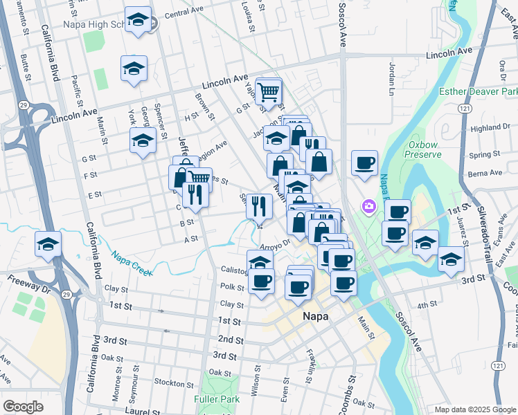 map of restaurants, bars, coffee shops, grocery stores, and more near 1126 Vallejo Street in Napa