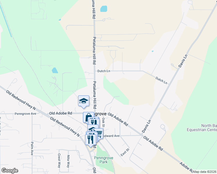 map of restaurants, bars, coffee shops, grocery stores, and more near 8810 Petaluma Hill Road in Penngrove