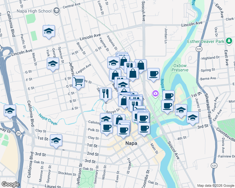 map of restaurants, bars, coffee shops, grocery stores, and more near 1030 Napa Street in Napa