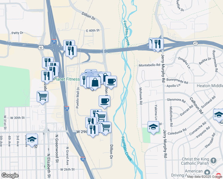 map of restaurants, bars, coffee shops, grocery stores, and more near 3300 Dillon Drive in Pueblo