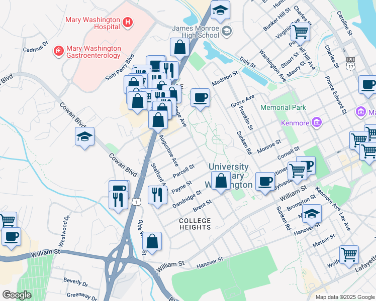 map of restaurants, bars, coffee shops, grocery stores, and more near 1213 Rowe Street in Fredericksburg