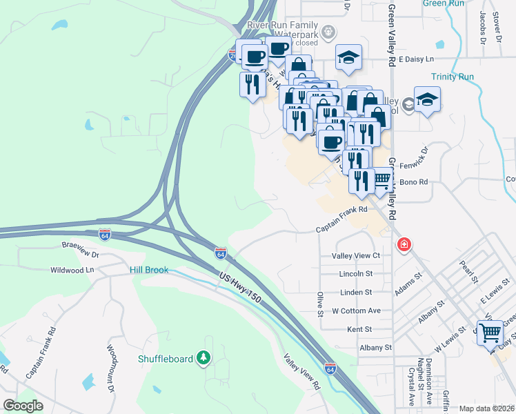 map of restaurants, bars, coffee shops, grocery stores, and more near 2303 Fawcett Hill Road in New Albany