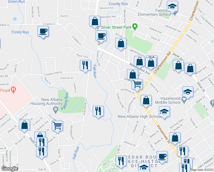 map of restaurants, bars, coffee shops, grocery stores, and more near 1723 Grant Line Road in New Albany