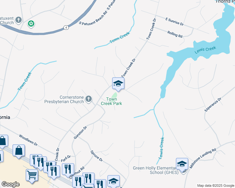 map of restaurants, bars, coffee shops, grocery stores, and more near 45805 Dent Drive in Lexington Park