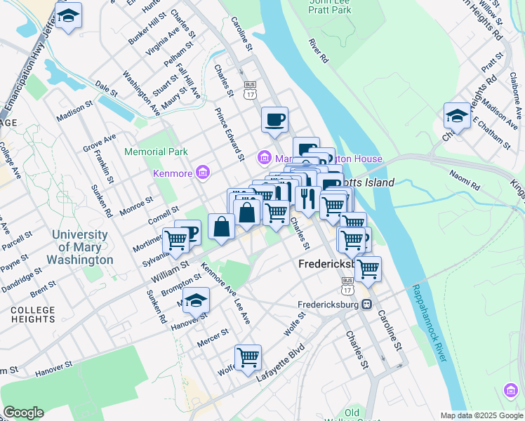 map of restaurants, bars, coffee shops, grocery stores, and more near 1008 Prince Edward Street in Fredericksburg