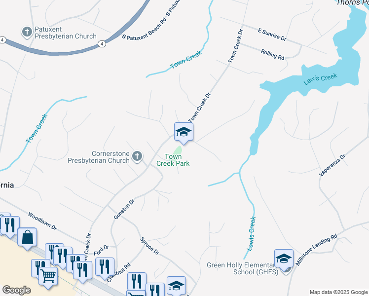 map of restaurants, bars, coffee shops, grocery stores, and more near 45805 Dent Drive in Lexington Park