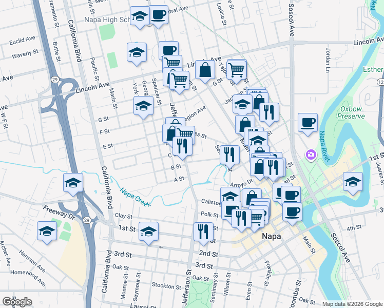 map of restaurants, bars, coffee shops, grocery stores, and more near 1616 Jefferson Street in Napa